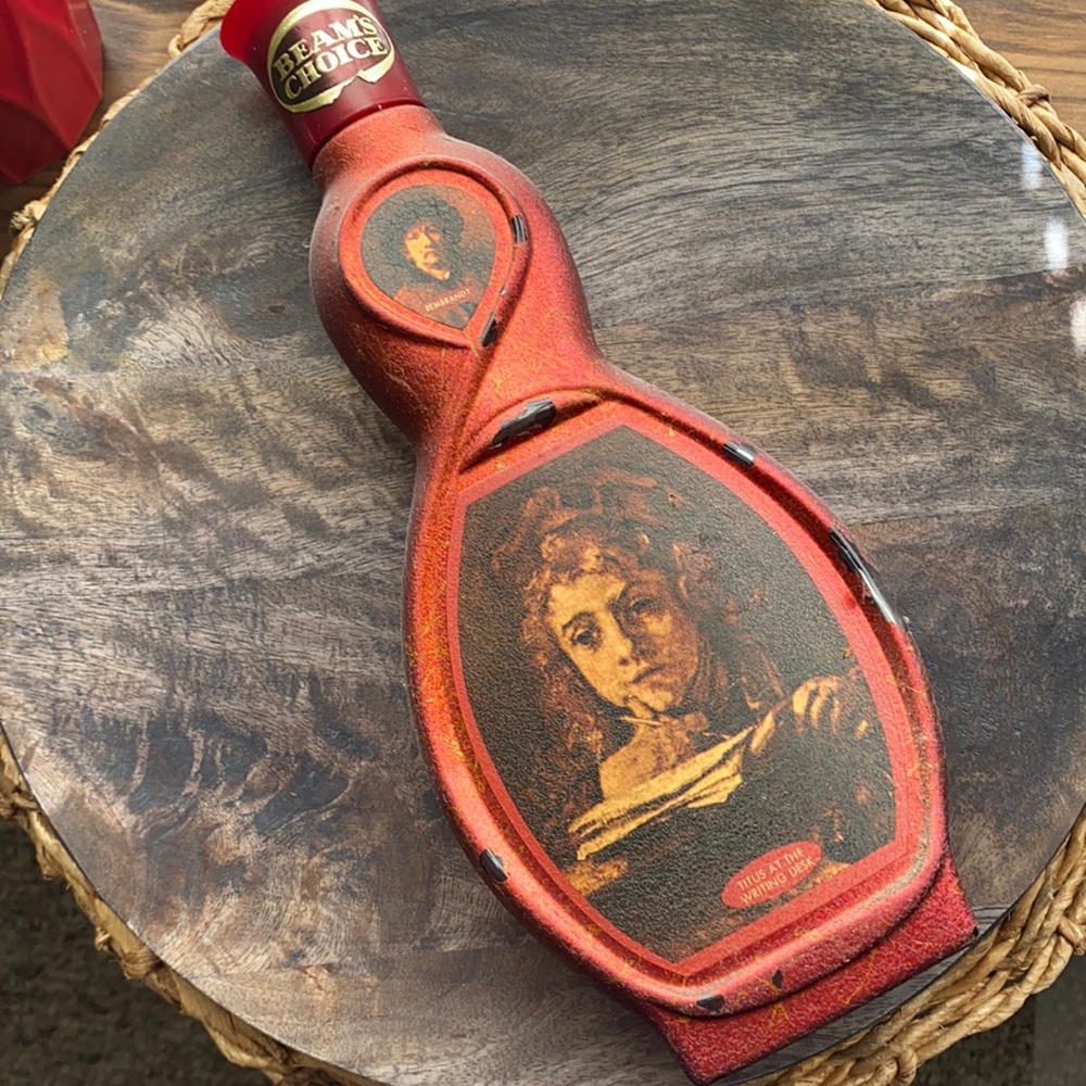 VINTAGE (1970) Jim Beam empty whiskey Bottle Red Rembrandts Art Deco MCM bar